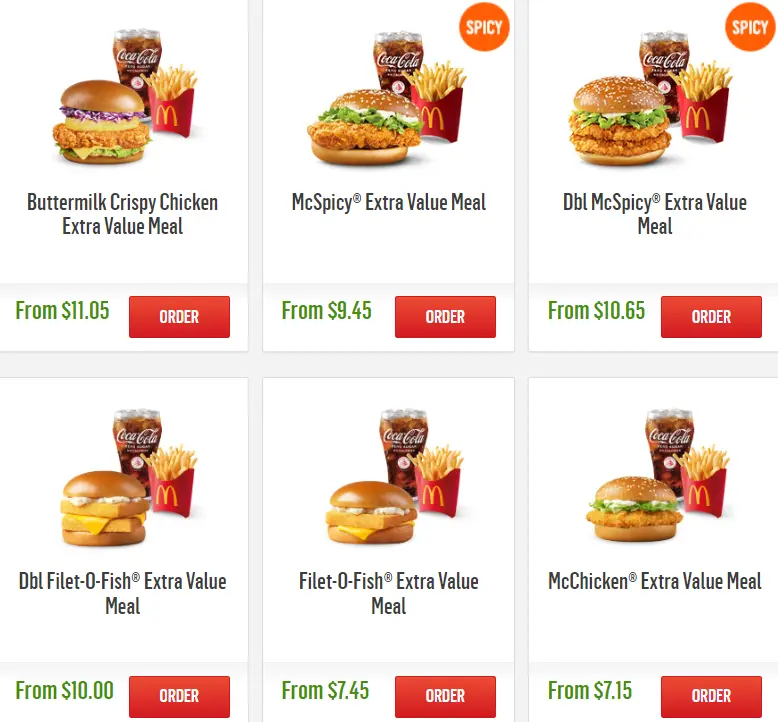 MCDONALDS ALA CARTE VALUE MEALS PRICES