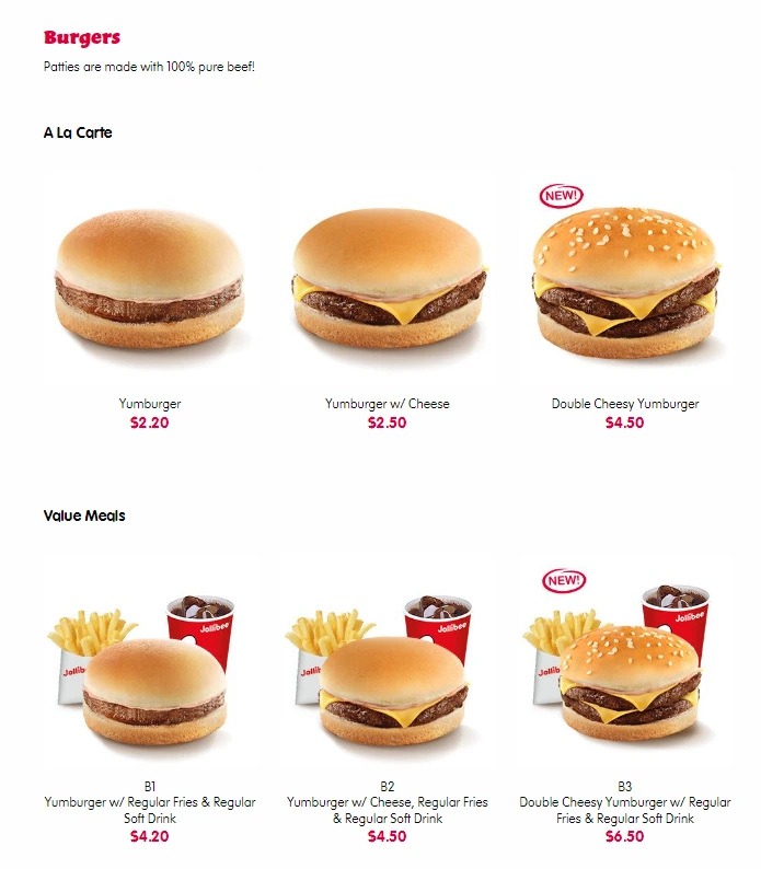 JOLLIBEE BURGERS MENU PRICES