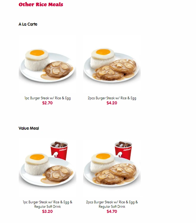 JOLLIBEE RICE MEALS MENU PRICES