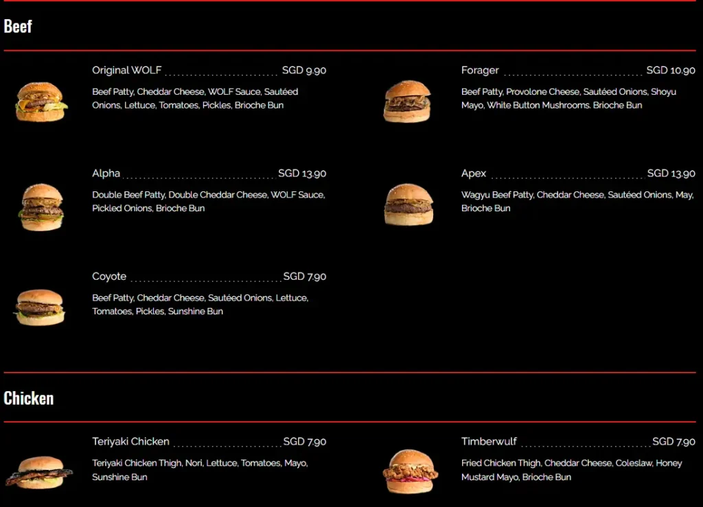 WOLF BURGERS MENU