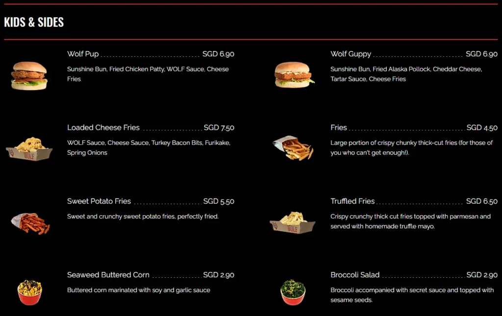 WOLF BURGERS KIDS SIDES MENU PRICES